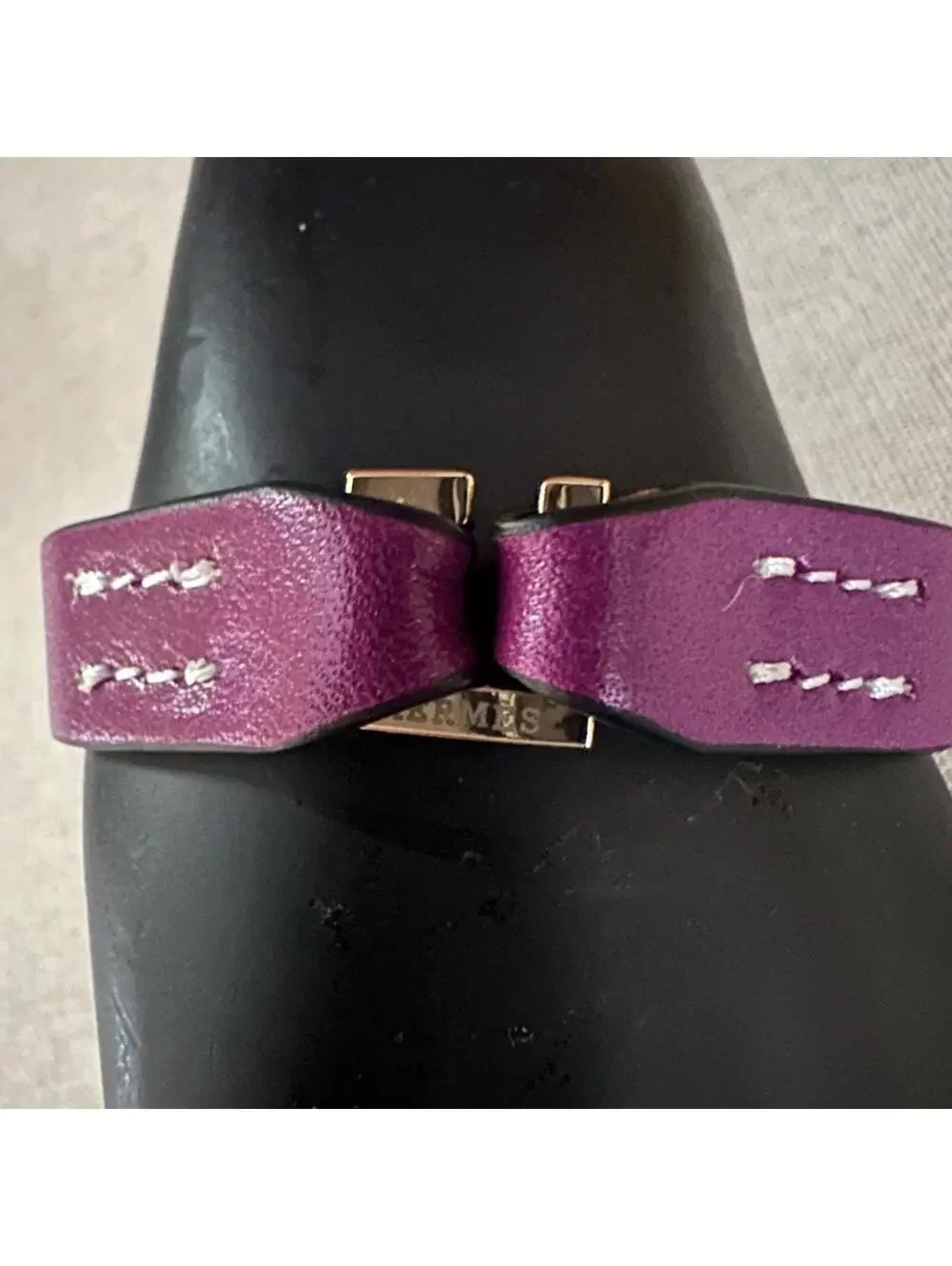 Purple leather bracelet band with gold tone hardware turnlock